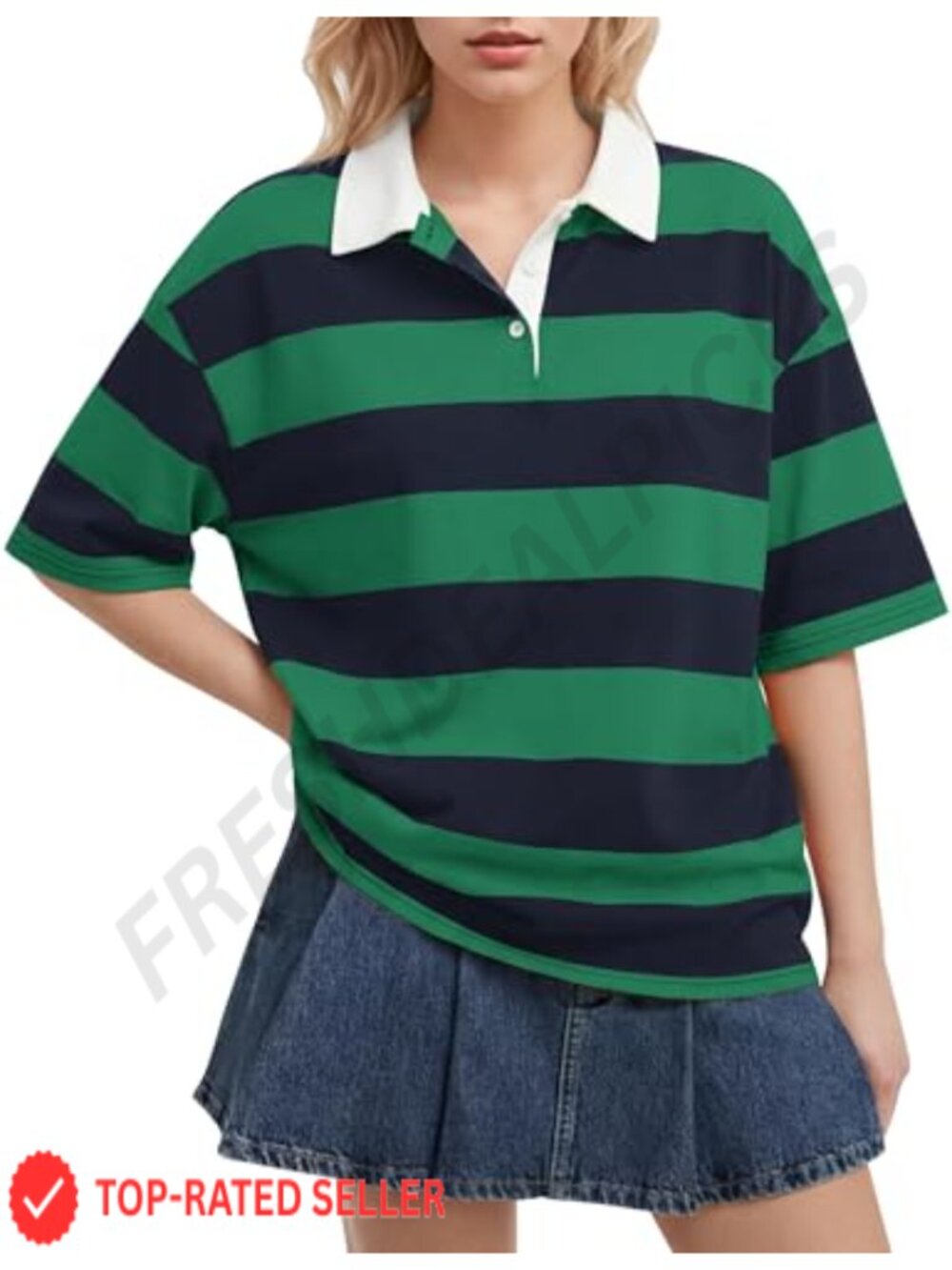 Striped Polo Shirt Oversized Short Sleeve Rugby Cotton Blend